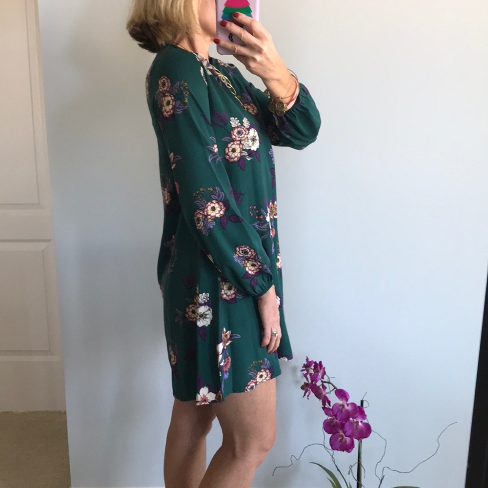 Green Floral Long Sleeve Tunic Dress - Picture 6 of 7